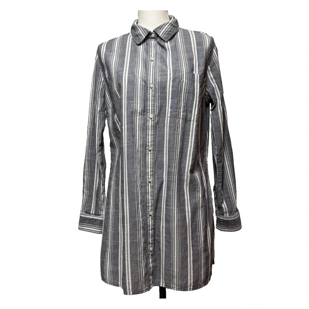 Shirt Dress Blue White‎ Stripe Collared Long Sleeve Button Up Casual Women's S-M